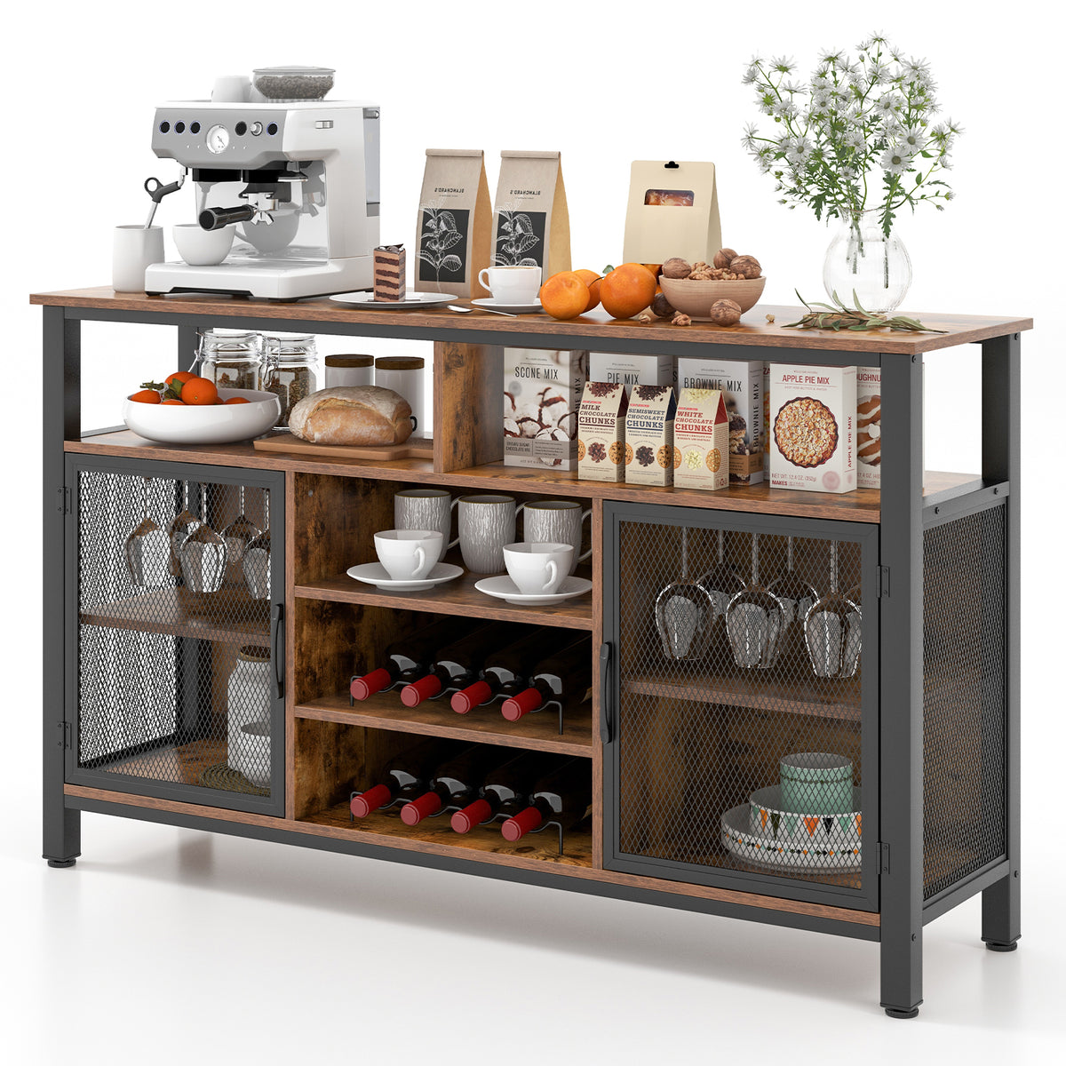 55-Inch Buffet Sideboard with Wine Racks & Glass Holders - Rustic Brown