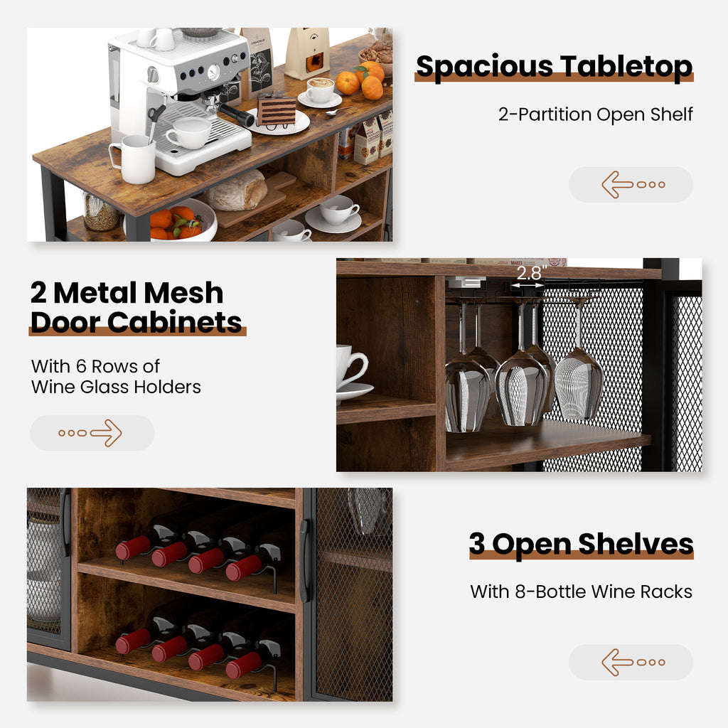 55-Inch Buffet Sideboard with Wine Racks & Glass Holders - Rustic Brown