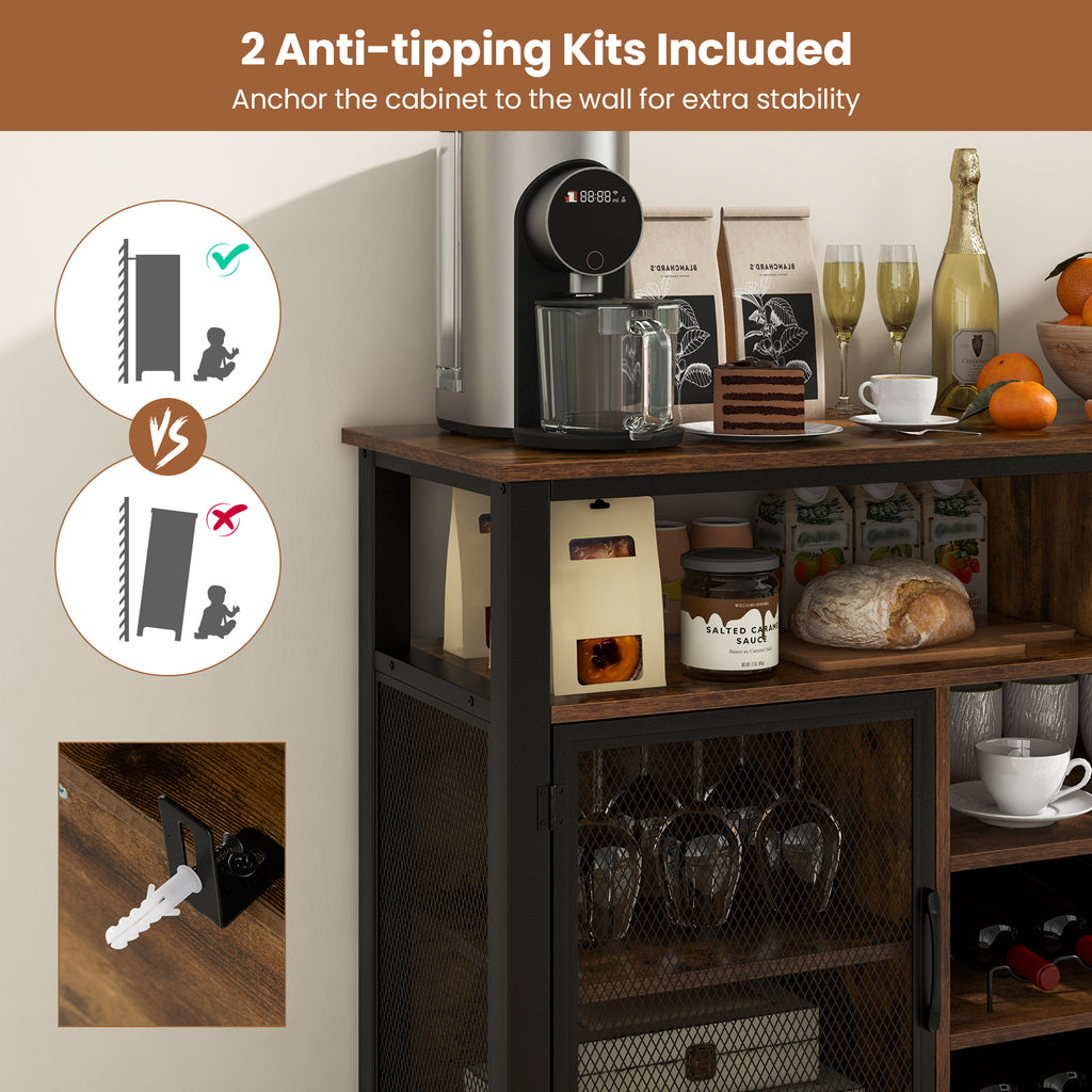 55-Inch Buffet Sideboard with Wine Racks & Glass Holders - Rustic Brown