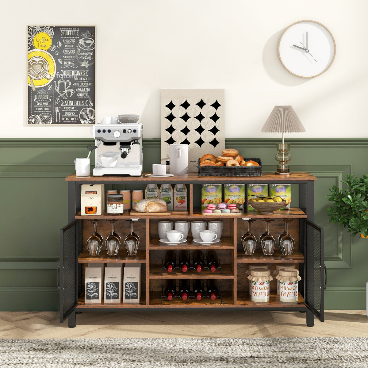 55-Inch Buffet Sideboard with Wine Racks & Glass Holders - Rustic Brown