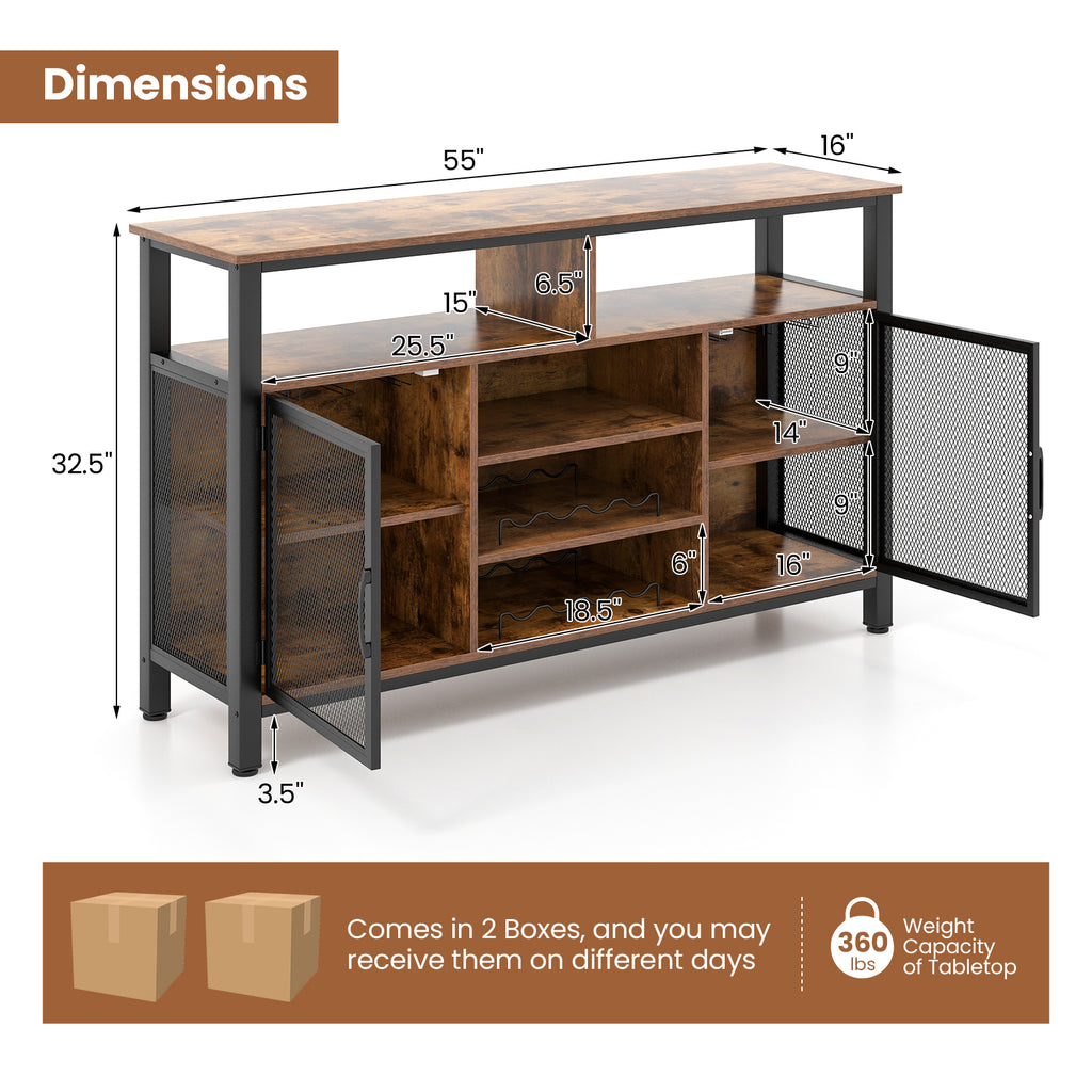 55-Inch Buffet Sideboard with Wine Racks & Glass Holders - Rustic Brown