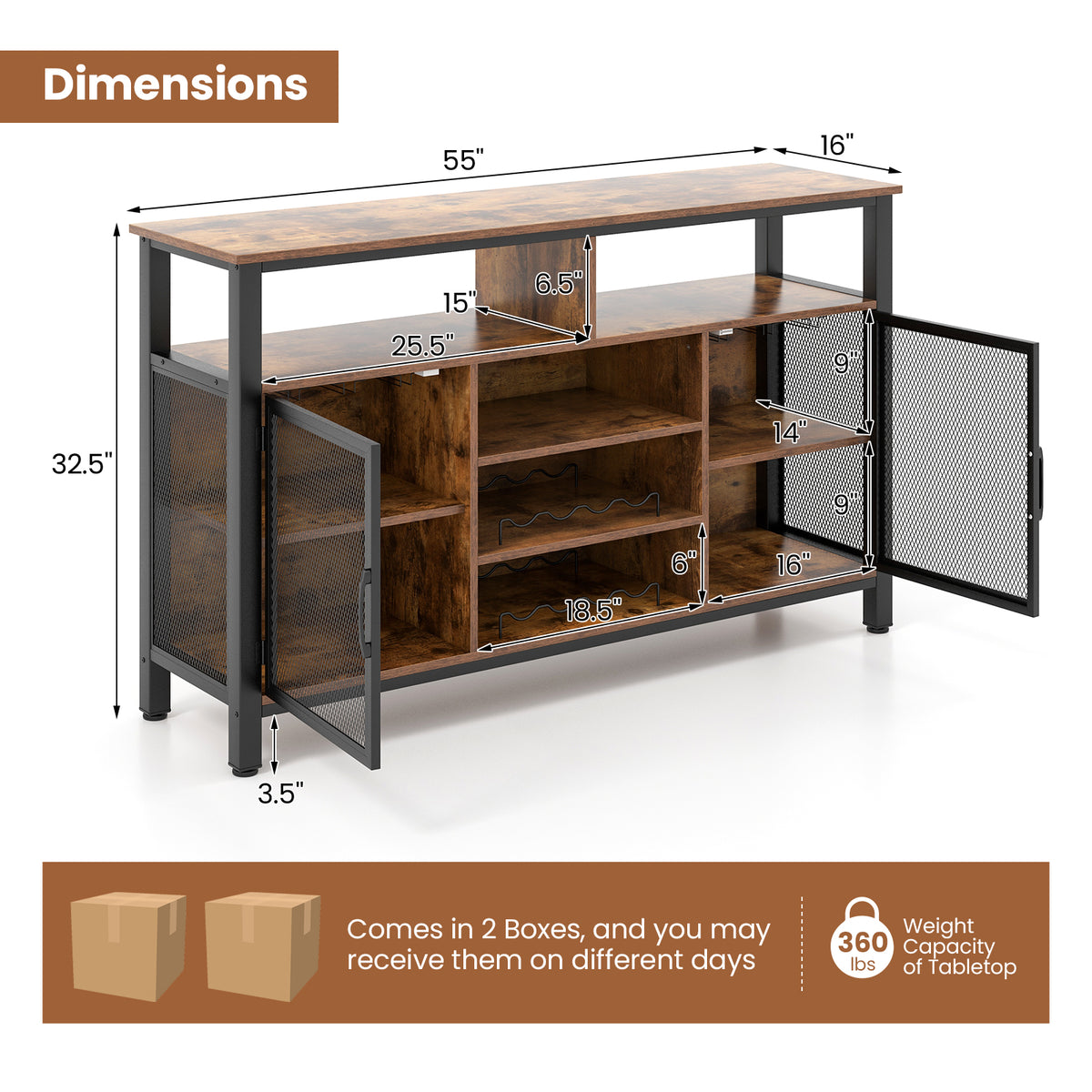 55-Inch Buffet Sideboard with Wine Racks & Glass Holders - Rustic Brown
