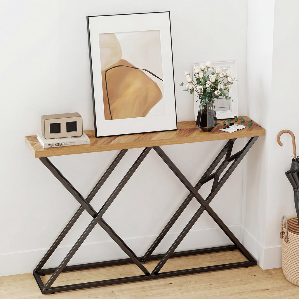 55 Inch Console Table with Solid Metal Frame and Storage