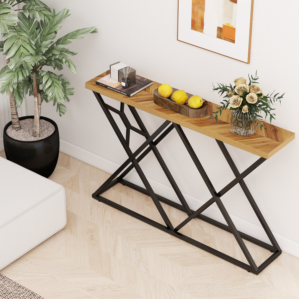 55 Inch Console Table with Solid Metal Frame and Storage