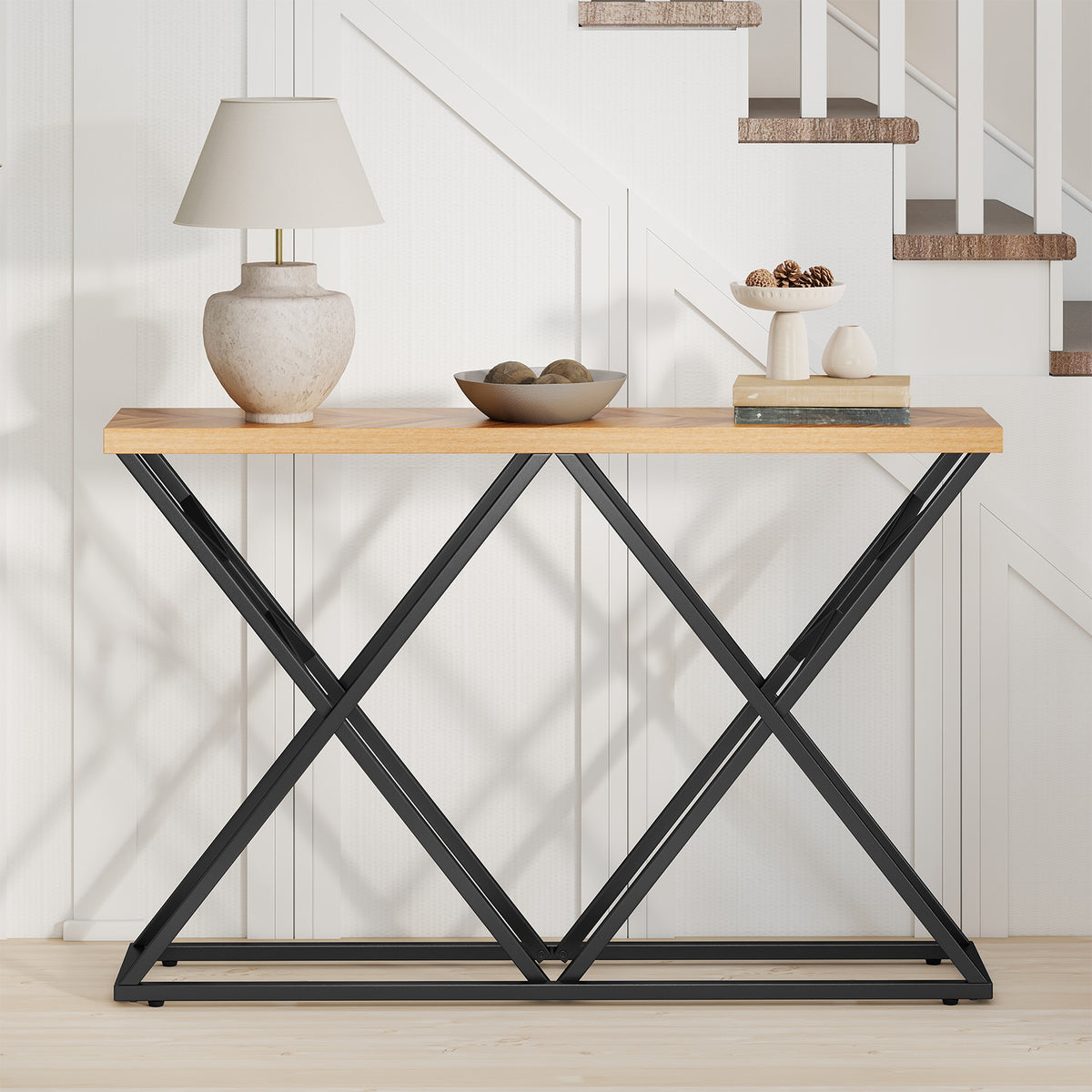 55 Inch Console Table with Solid Metal Frame and Storage