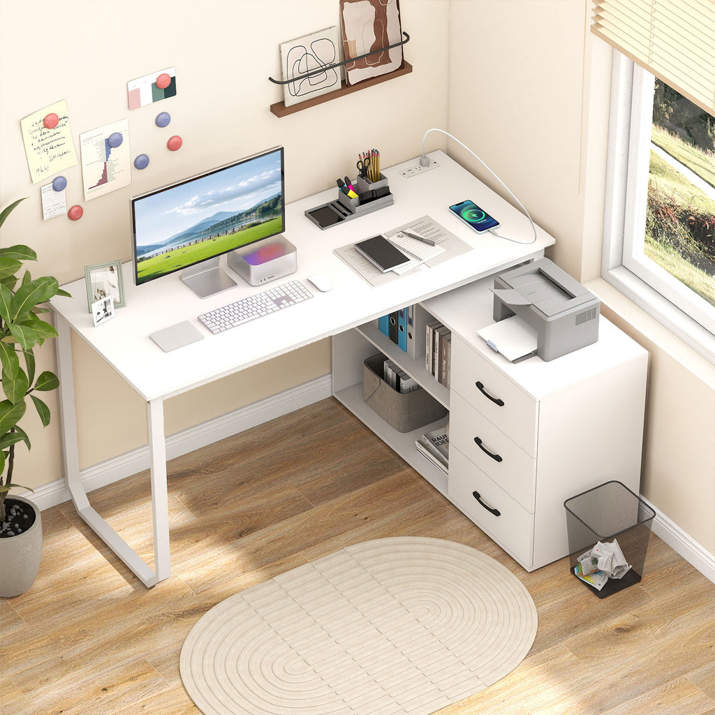 55 Inch Reversible L Shaped Desk with 3 Drawers Home Office