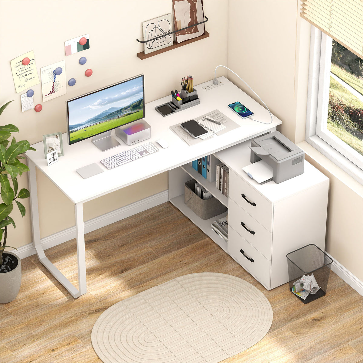 55 Inch Reversible L Shaped Desk with 3 Drawers Home Office