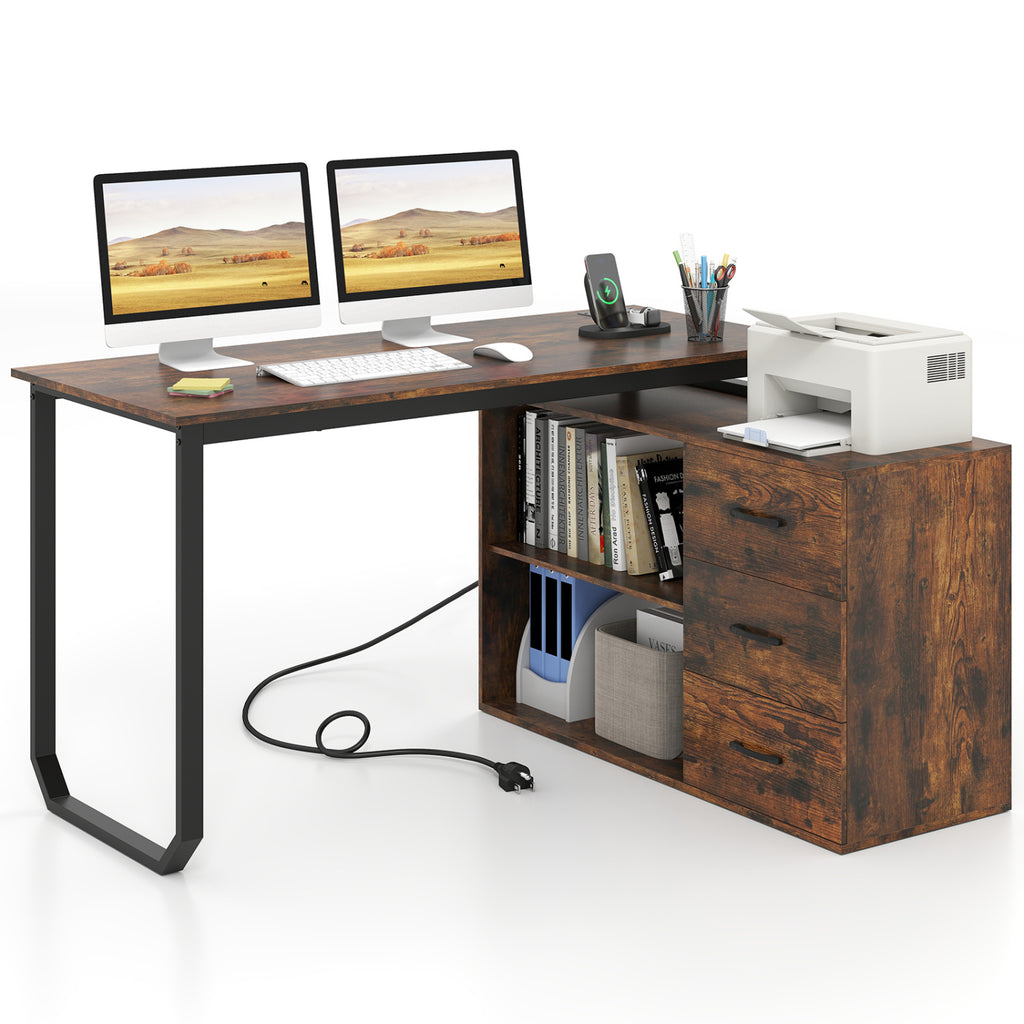 55 Inch Reversible L Shaped Desk with 3 Drawers Home Office