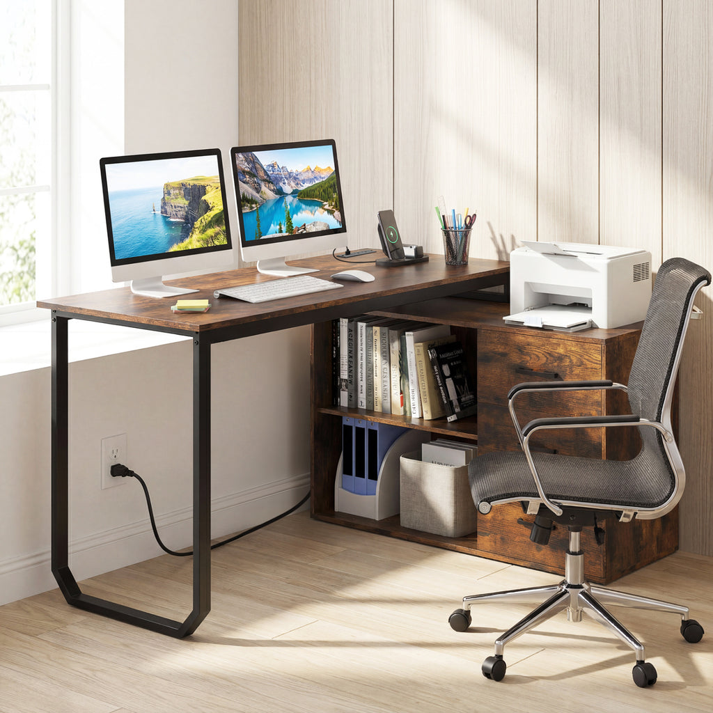 55 Inch Reversible L Shaped Desk with 3 Drawers Home Office