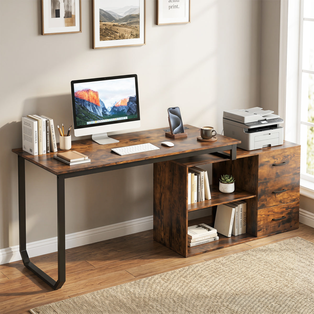 55 Inch Reversible L Shaped Desk with 3 Drawers Home Office
