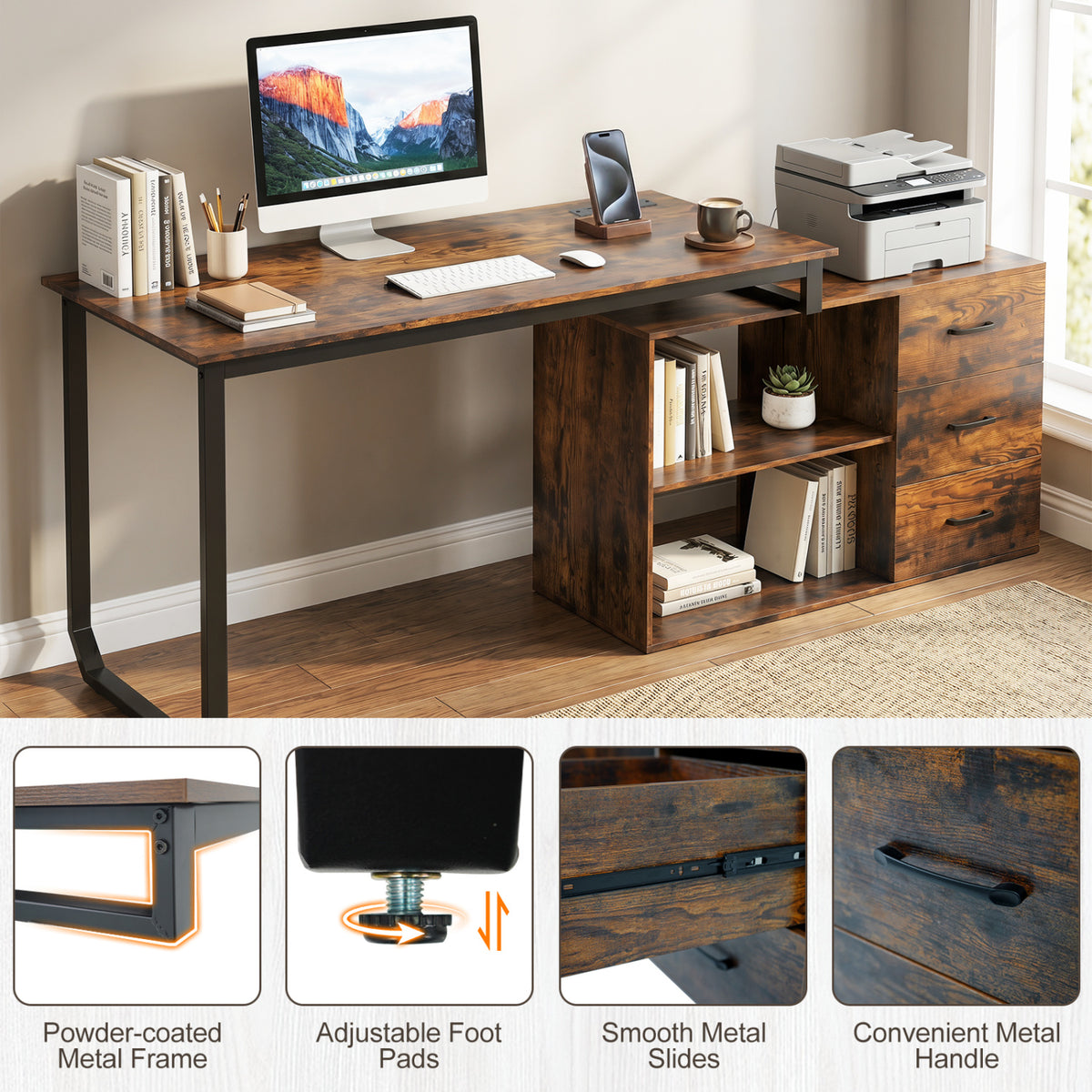 55 Inch Reversible L Shaped Desk with 3 Drawers Home Office
