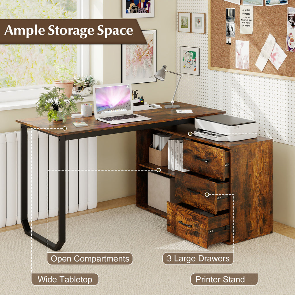 55 Inch Reversible L Shaped Desk with 3 Drawers Home Office