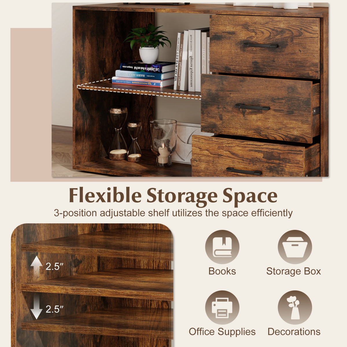 55 Inch Reversible L Shaped Desk with 3 Drawers Home Office