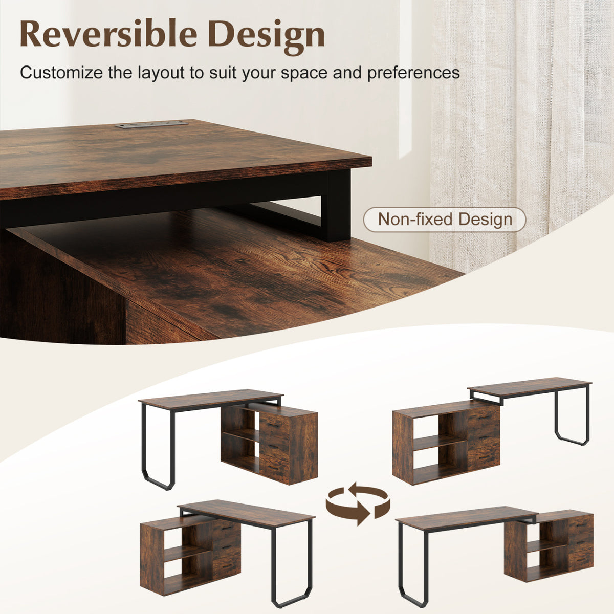 55 Inch Reversible L Shaped Desk with 3 Drawers Home Office