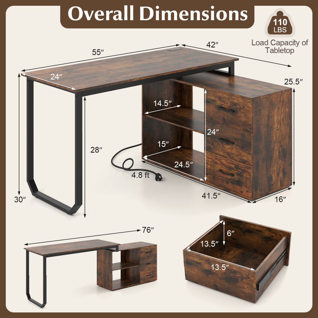 55 Inch Reversible L Shaped Desk with 3 Drawers Home Office