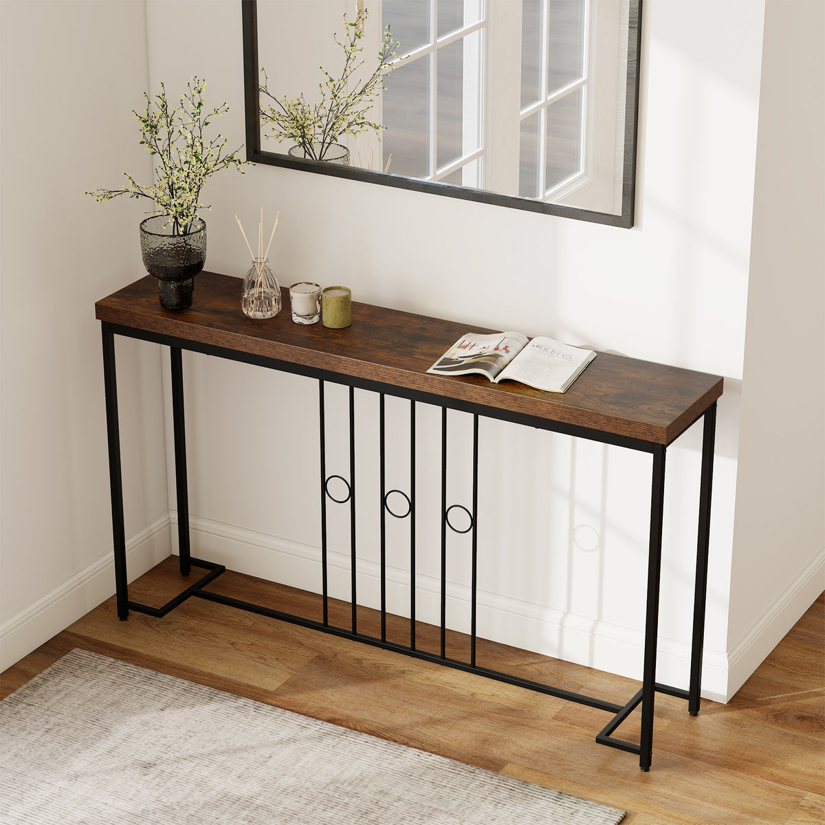 55" Industrial Console Table - Brown, H-Shaped Base