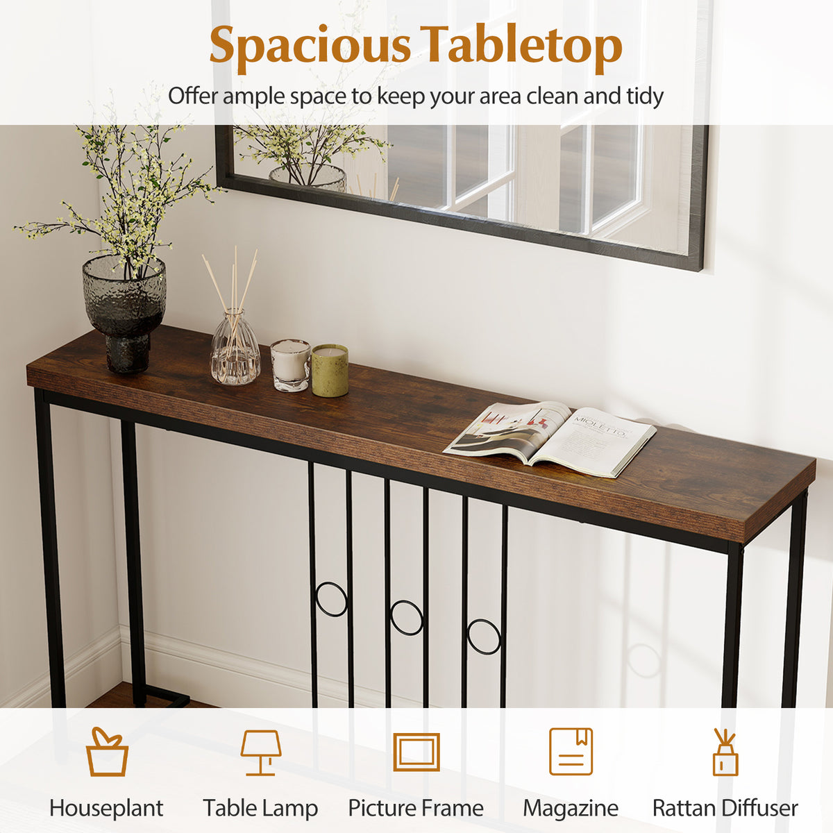 55" Industrial Console Table - Brown, H-Shaped Base