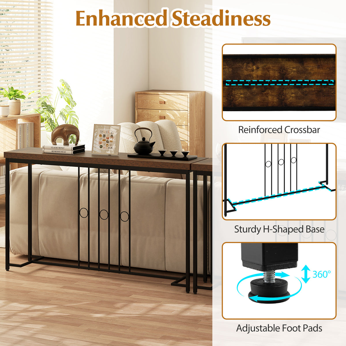 55" Industrial Console Table - Brown, H-Shaped Base