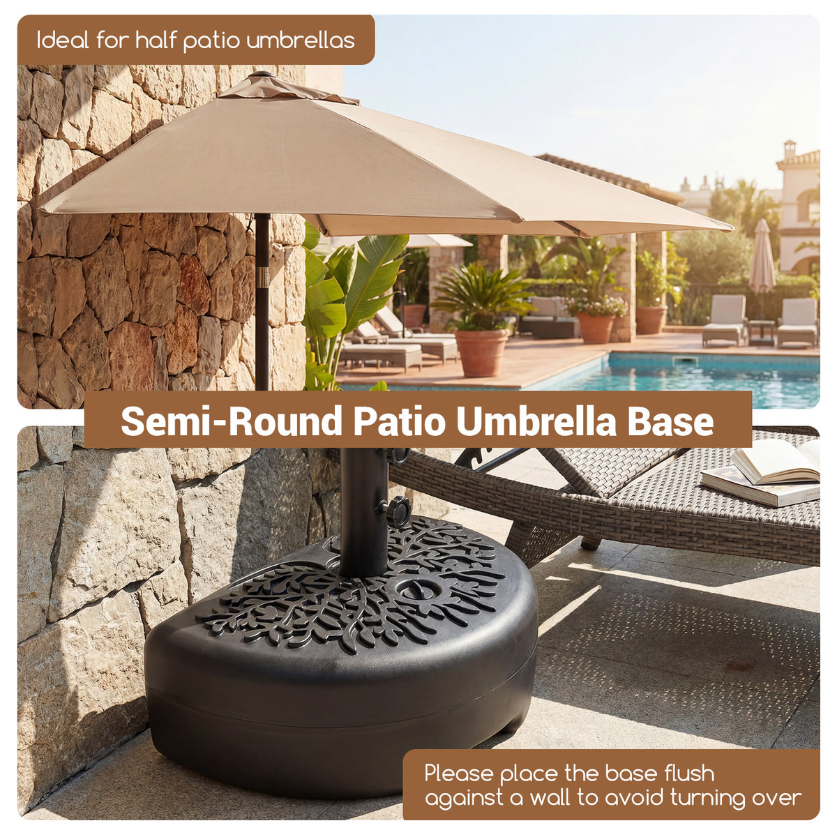 55 LBS Half Round Patio Umbrella Base for Deck Lawn Poolside