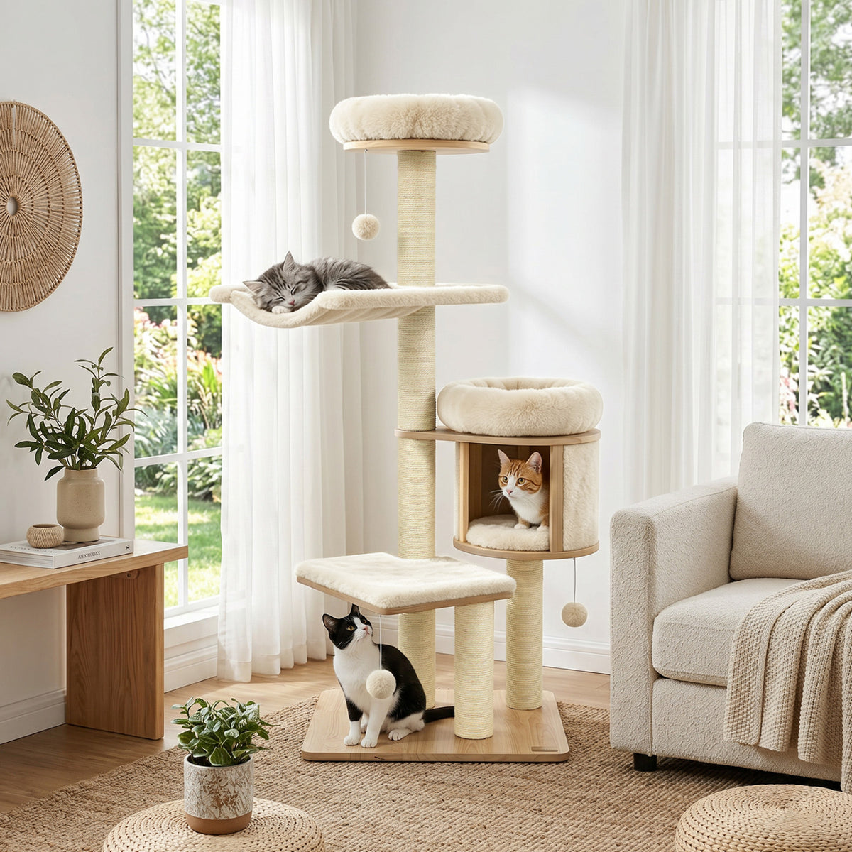 Gray 55-Inch Solid Rubber Wood Cat Tree with Condo Hammock & Scratching Posts