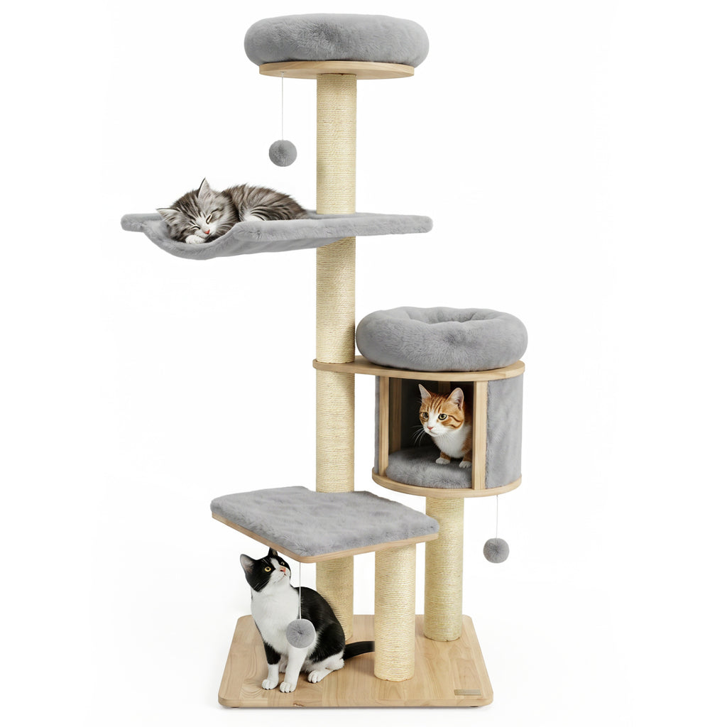 Gray 55-Inch Solid Rubber Wood Cat Tree with Condo Hammock & Scratching Posts