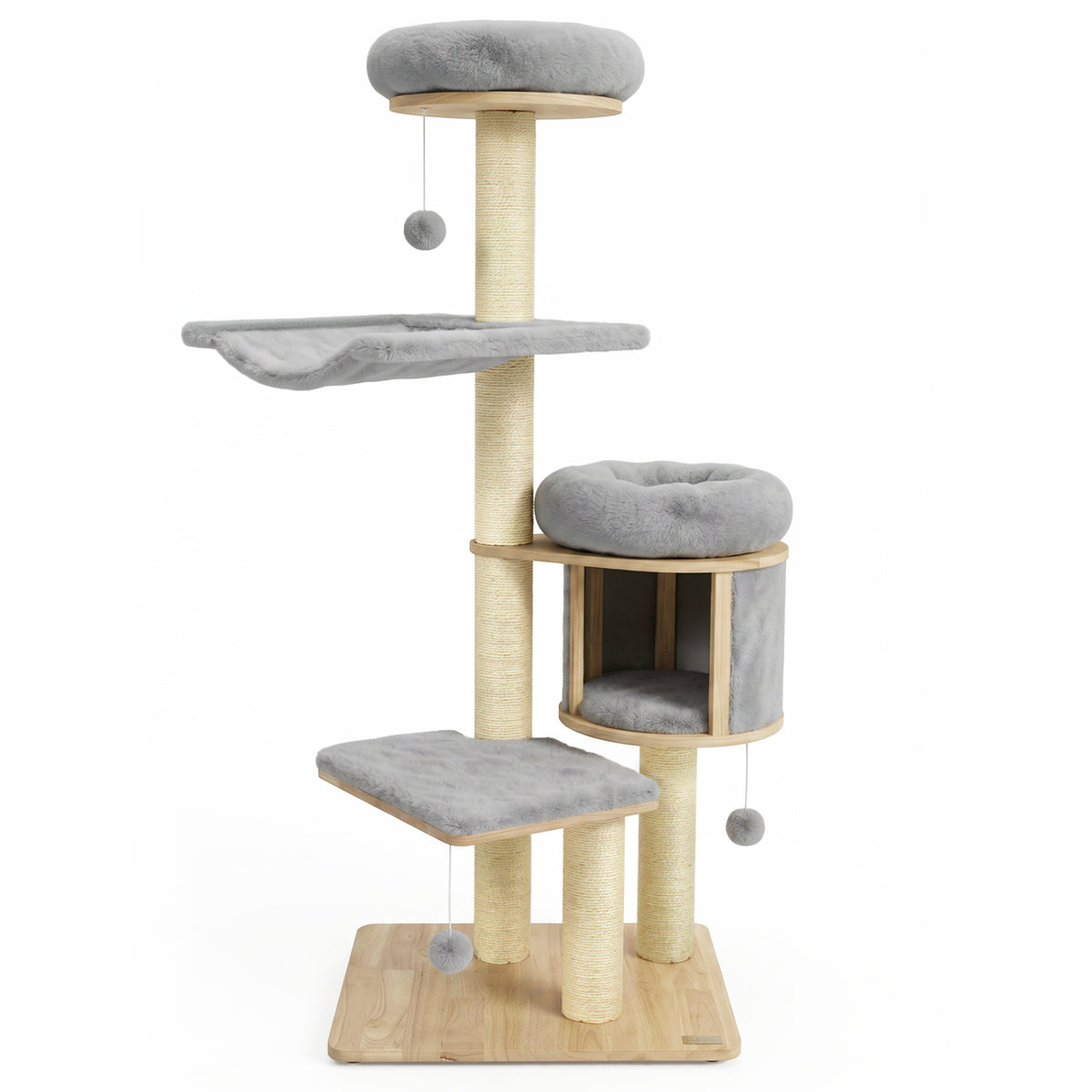 Gray 55-Inch Solid Rubber Wood Cat Tree with Condo Hammock & Scratching Posts