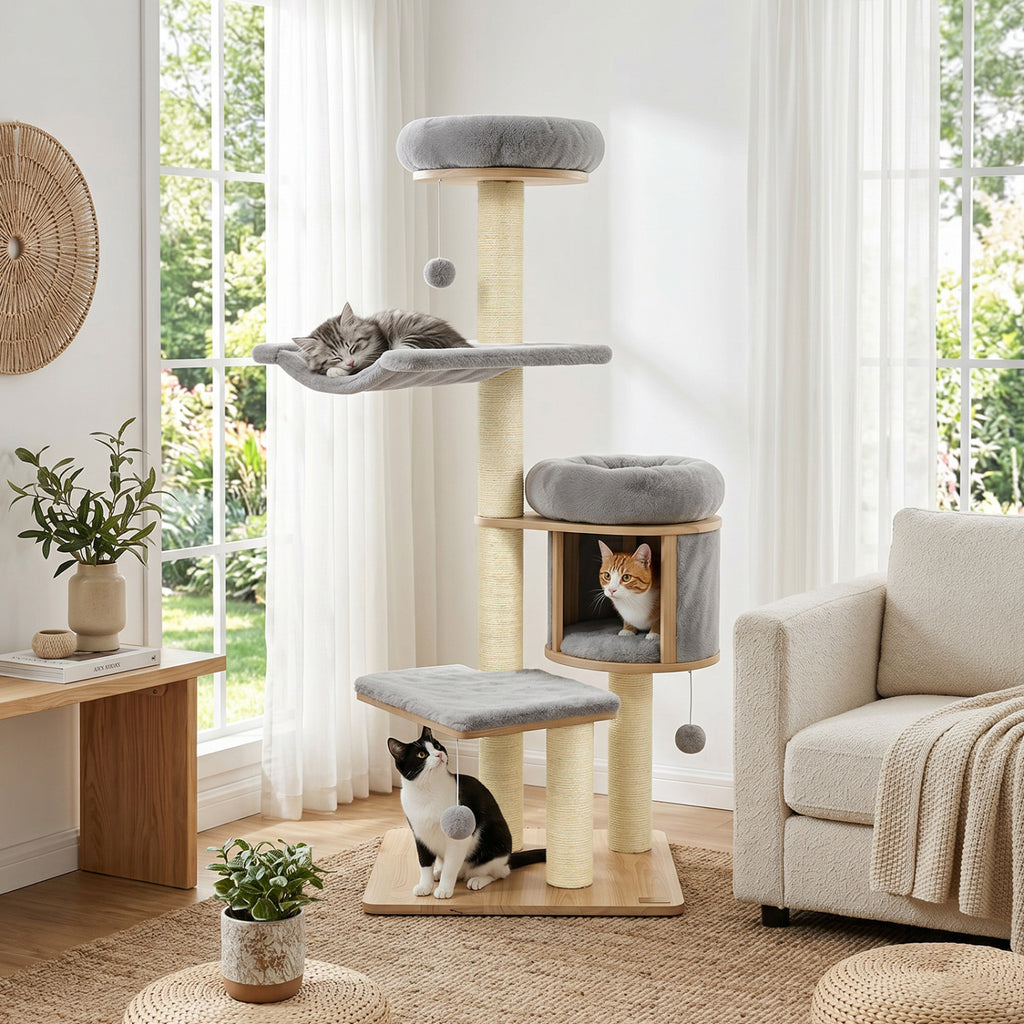 Gray 55-Inch Solid Rubber Wood Cat Tree with Condo Hammock & Scratching Posts