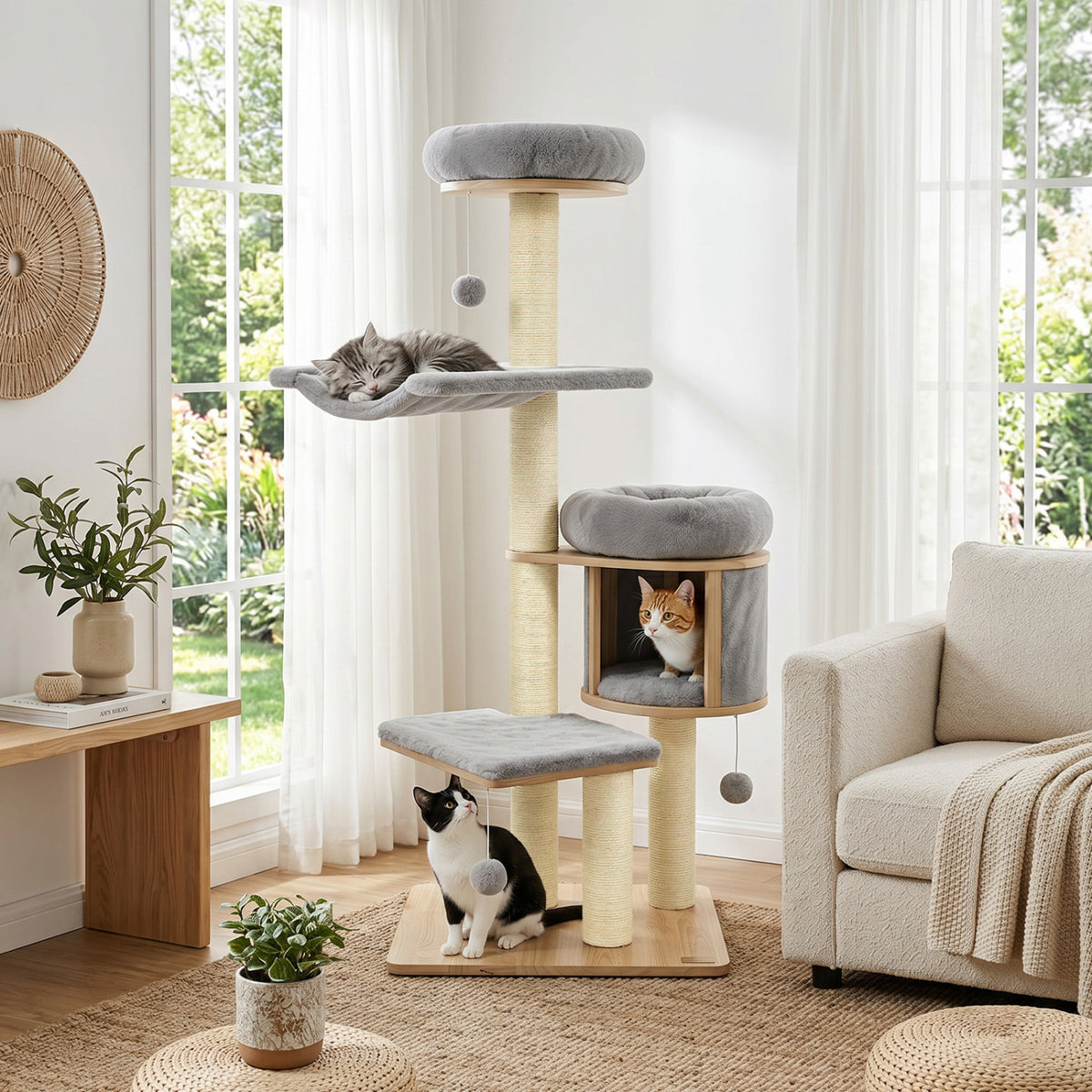Gray 55-Inch Solid Rubber Wood Cat Tree with Condo Hammock & Scratching Posts