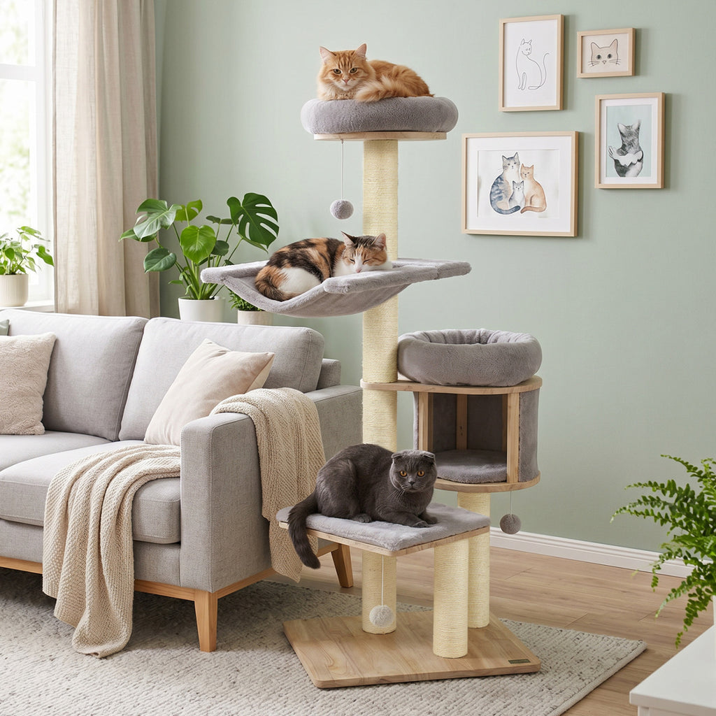 Gray 55-Inch Solid Rubber Wood Cat Tree with Condo Hammock & Scratching Posts