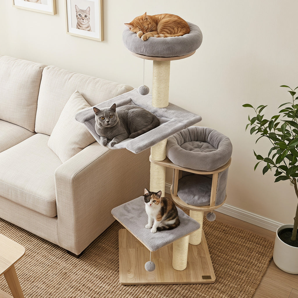Gray 55-Inch Solid Rubber Wood Cat Tree with Condo Hammock & Scratching Posts