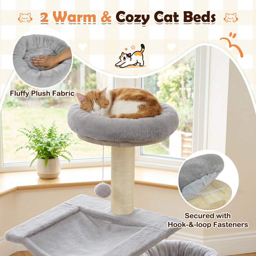 Gray 55-Inch Solid Rubber Wood Cat Tree with Condo Hammock & Scratching Posts
