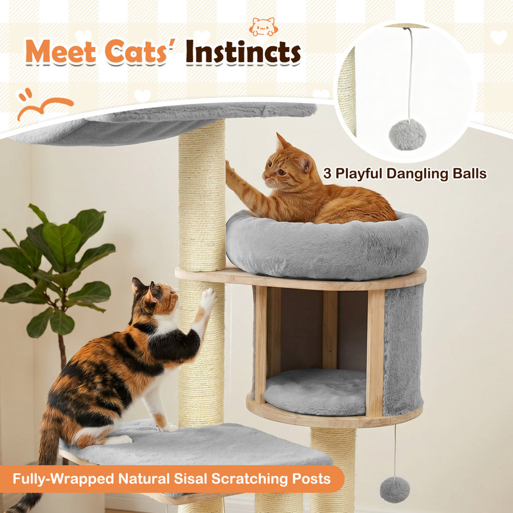 Gray 55-Inch Solid Rubber Wood Cat Tree with Condo Hammock & Scratching Posts