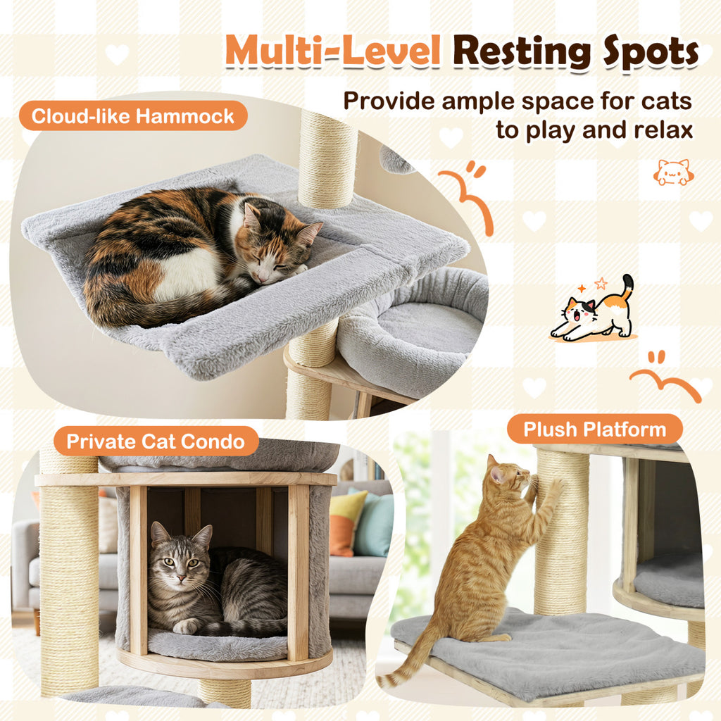 Gray 55-Inch Solid Rubber Wood Cat Tree with Condo Hammock & Scratching Posts
