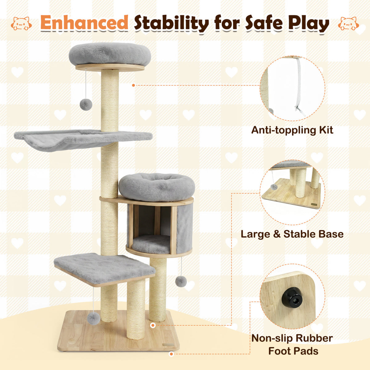 Gray 55-Inch Solid Rubber Wood Cat Tree with Condo Hammock & Scratching Posts