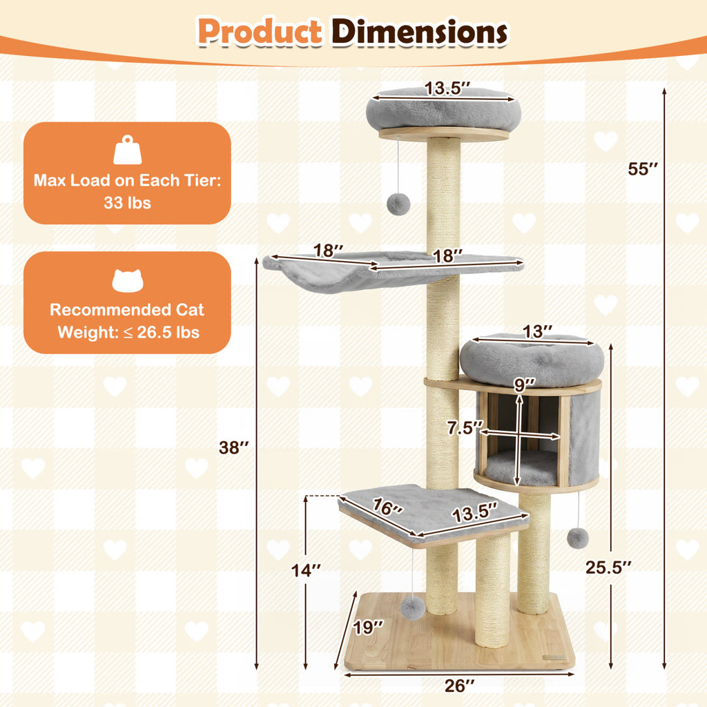 Gray 55-Inch Solid Rubber Wood Cat Tree with Condo Hammock & Scratching Posts