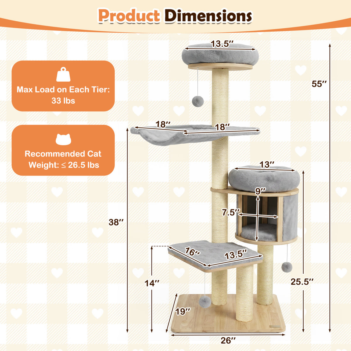 Gray 55-Inch Solid Rubber Wood Cat Tree with Condo Hammock & Scratching Posts