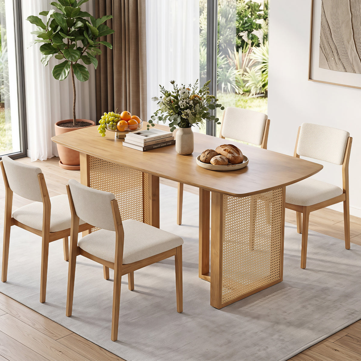 55" Rubber Wood Dining Table Set for 4 with Benches - Natural