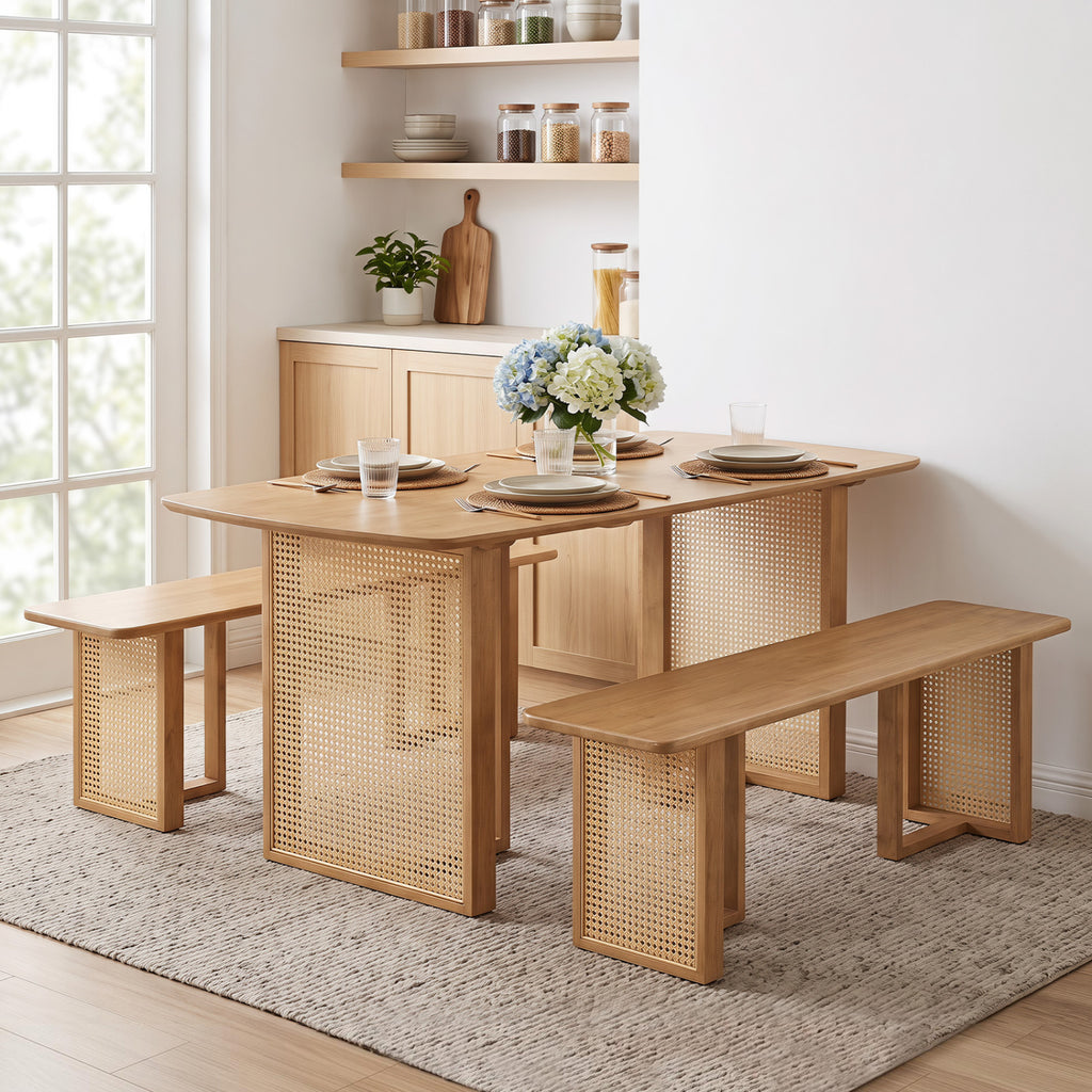 55" Rubber Wood Dining Table Set for 4 with Benches - Natural