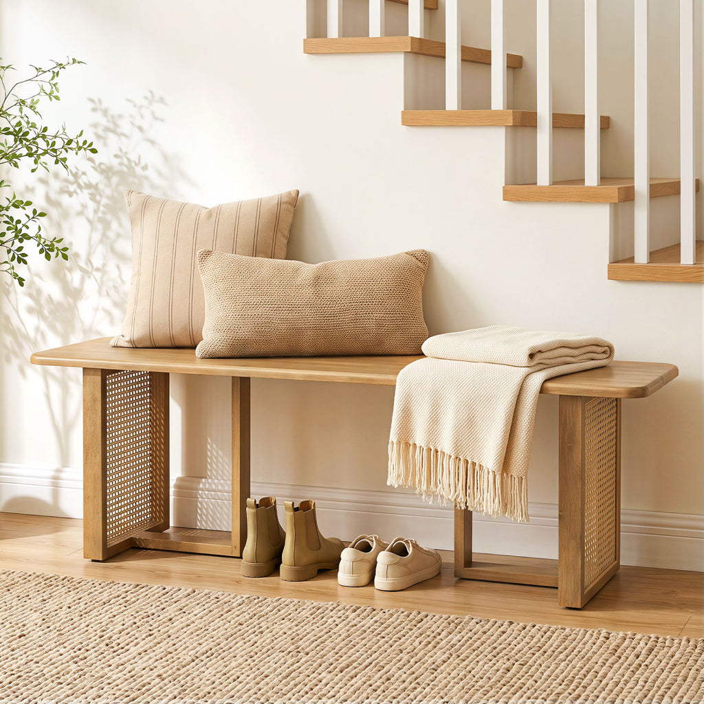 55" Solid Rubber Wood Dining Bench with Rattan Legs - Natural