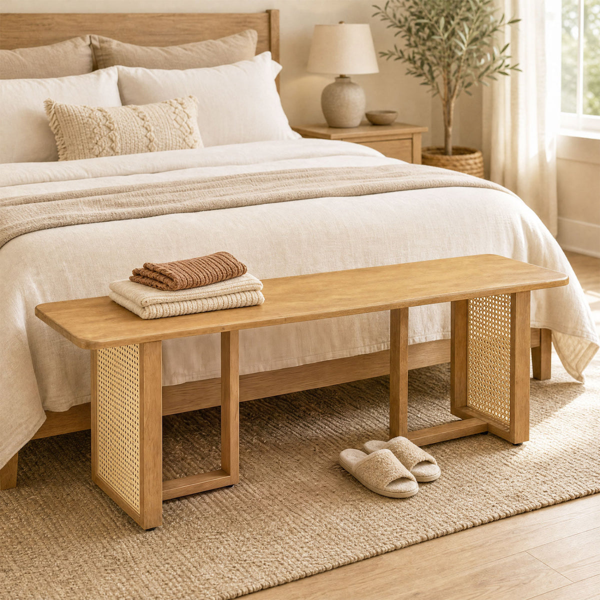 55" Solid Rubber Wood Dining Bench with Rattan Legs - Natural