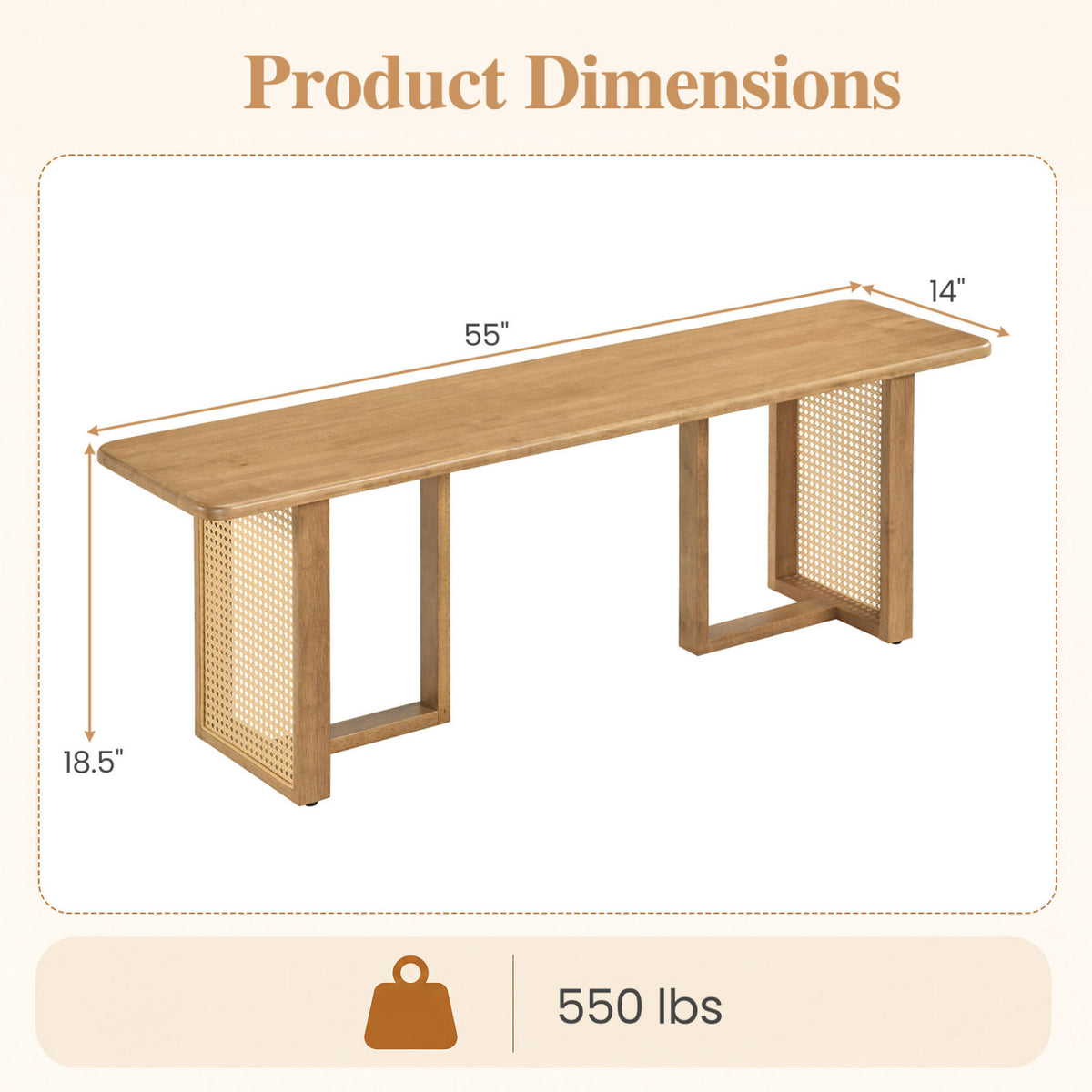 55" Solid Rubber Wood Dining Bench with Rattan Legs - Natural