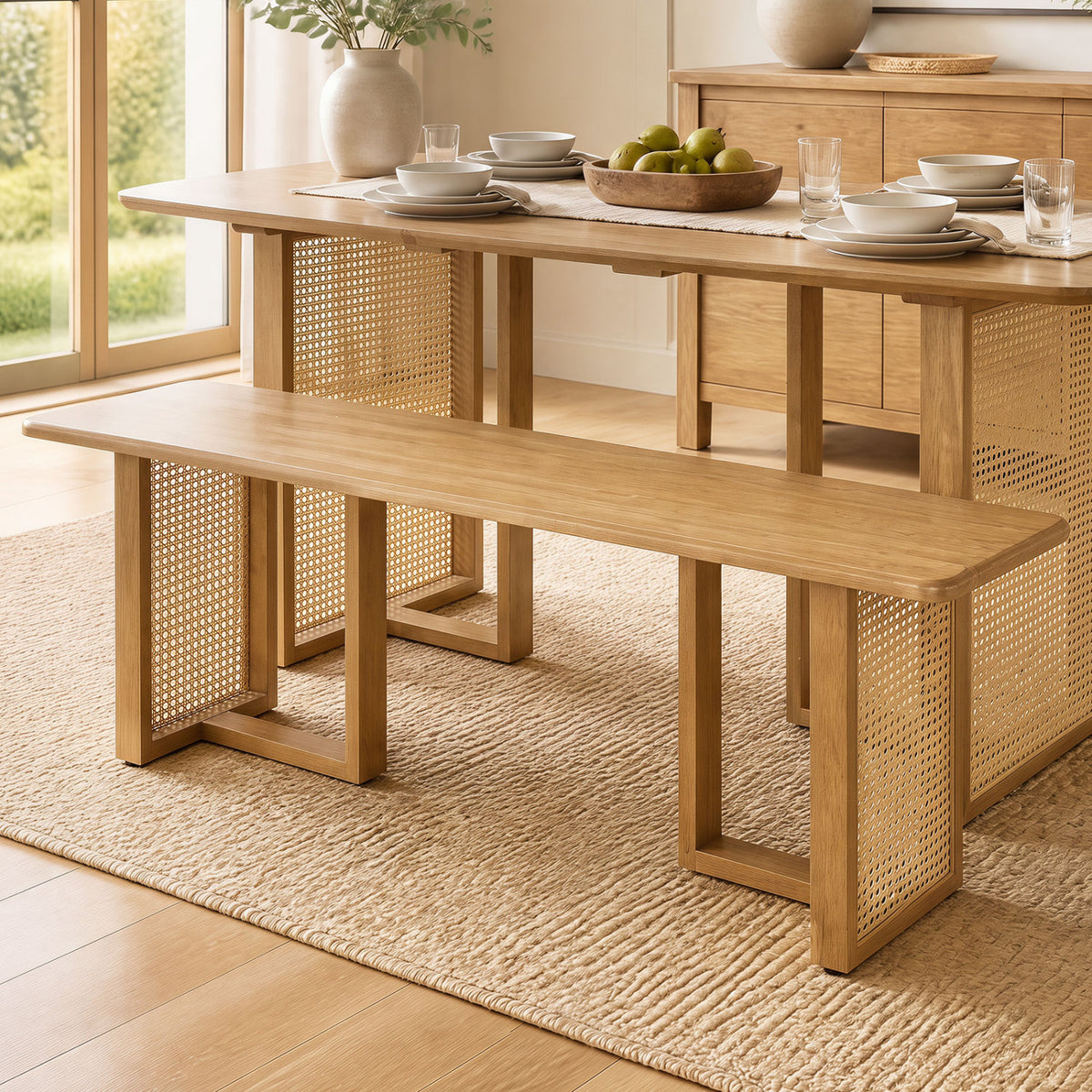 55" Dining Bench with Rattan Legs - Natural
