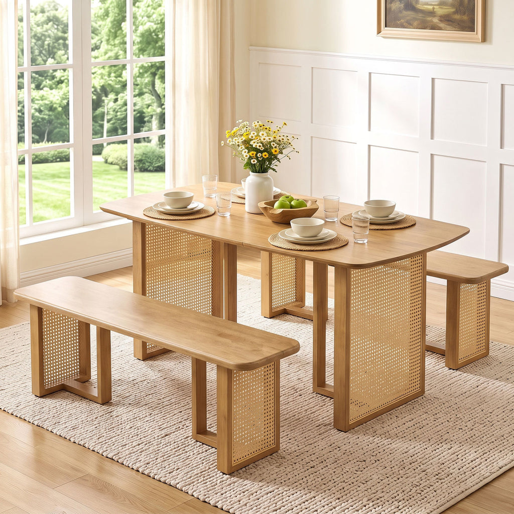55" Solid Rubber Wood Dining Bench with Rattan Legs - Natural