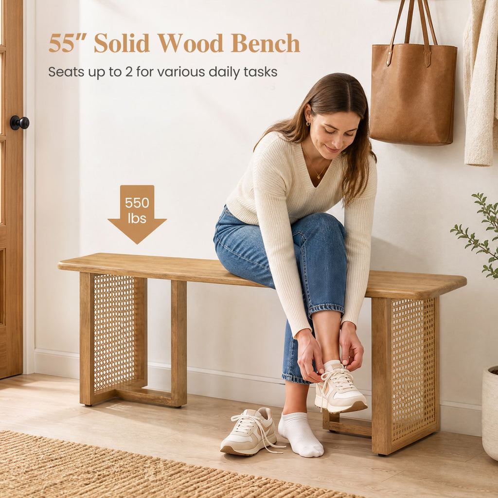 55" Dining Bench with Rattan Legs - Natural
