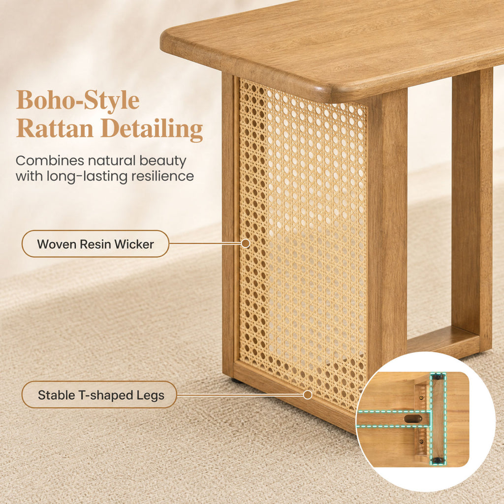 55" Solid Rubber Wood Dining Bench with Rattan Legs - Natural