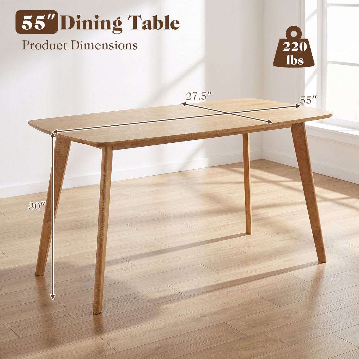 55 Inch Natural Wood Dining Table for 4-6 People