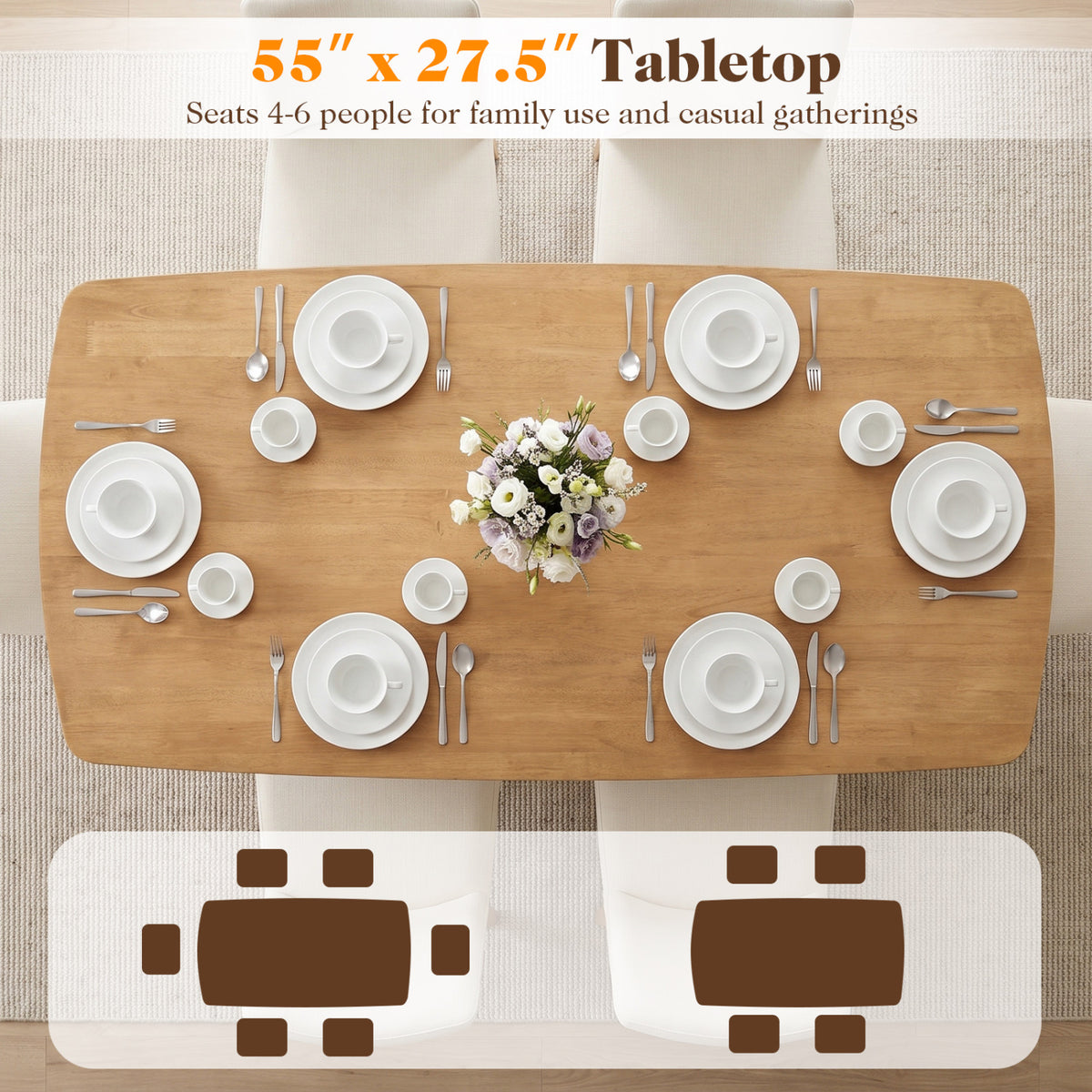 55 Inch Natural Wood Dining Table for 4-6 People