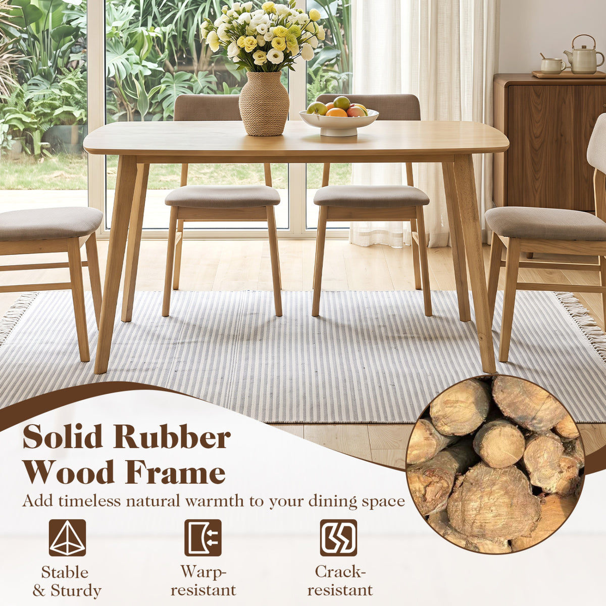 55 Inch Natural Wood Dining Table for 4-6 People