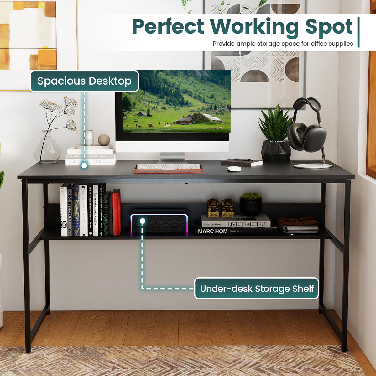 55 x 24 inch Computer Desk with Power Outlets and USB Ports