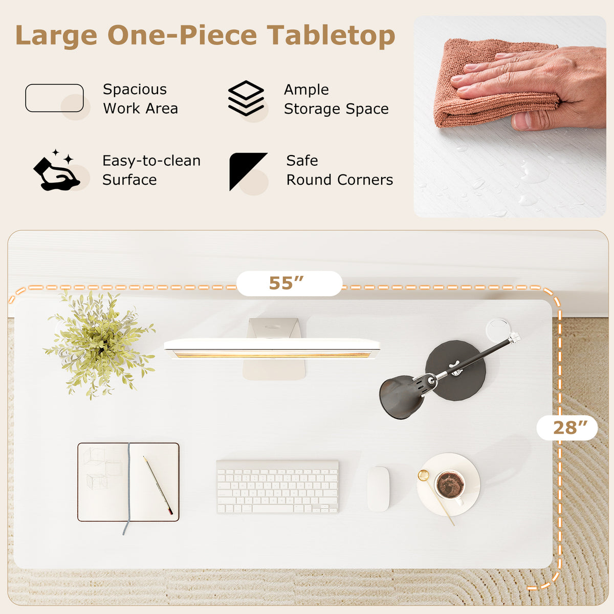 55 x 28 inch Tabletop for Standard and Standing Desk Frames - White